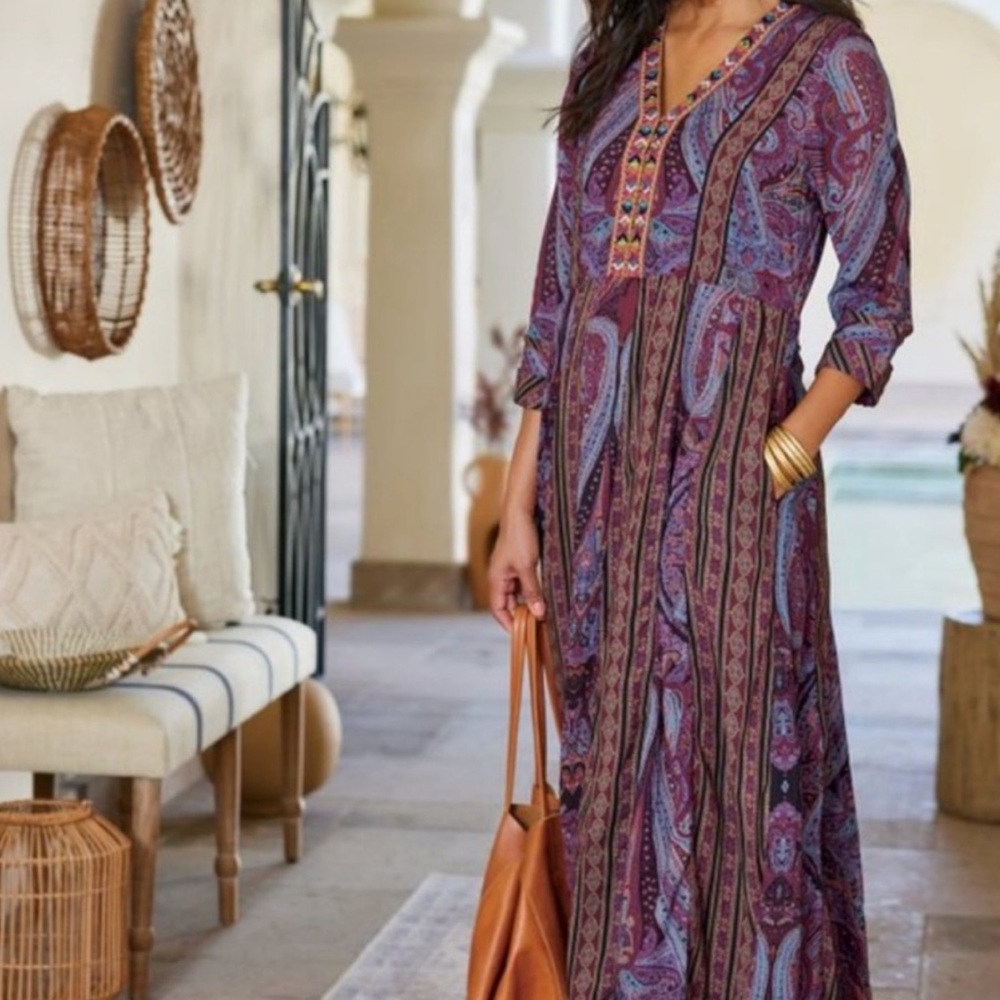 Soft Surroundings Mira Purple Paisley Embroidered Southwest Boho Maxi Dress - Picture 12 of 12
